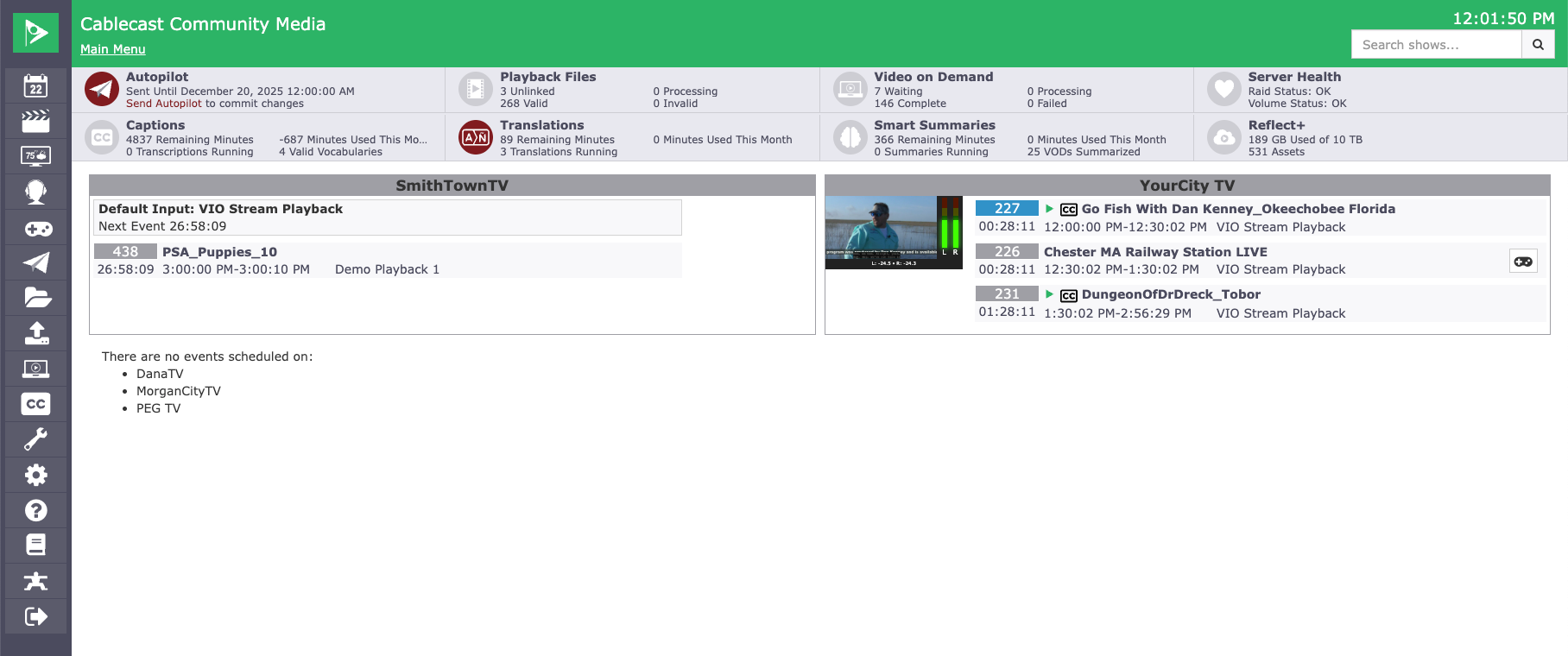 Screenshot of the Cablecast Main Menu showing the main interface with channel status panels, scheduled playback items, and system overview sections, representing the starting point for managing channels and content in Cablecast