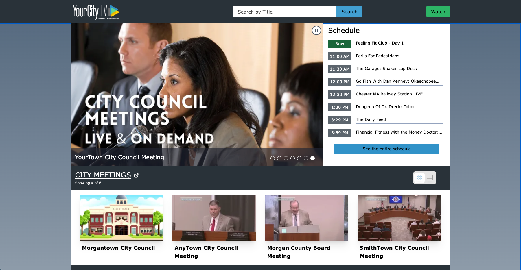 Screenshot of a customized Cablecast Internet Channel showing a branded homepage with a featured city council meetings banner, live schedule panel, search bar, and multiple meeting thumbnails arranged in a grid.
