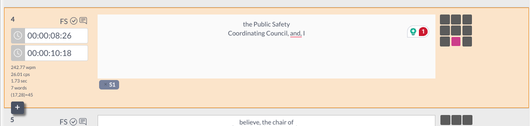 A selected caption segment in the Caption Editor showing the text "the Public Safety Coordinating Council, and, I" with start and end timestamps and readability statistics.