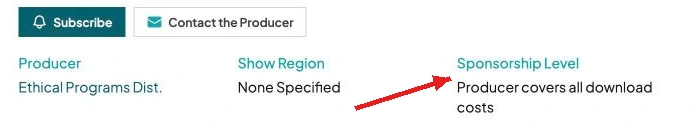 Show page details with a red arrow pointing to Sponsorship Level: Producer covers all download costs.